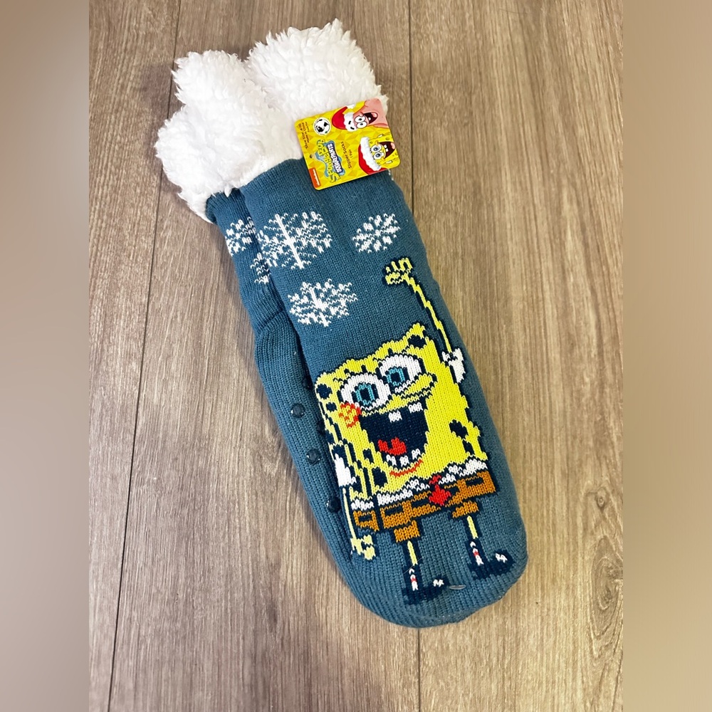 SpongeBob SquarePants Christmas Sherpa Lined Gripper Bottom Slipper Socks NWT